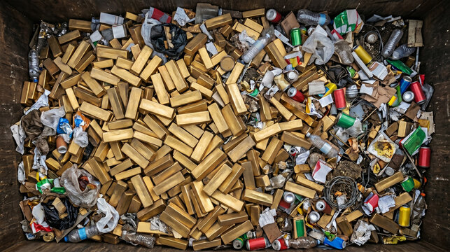 Overhead view of a large collection of used batteries mostly golden AA batteries mixed with other battery types and small electronic waste ready for recycling