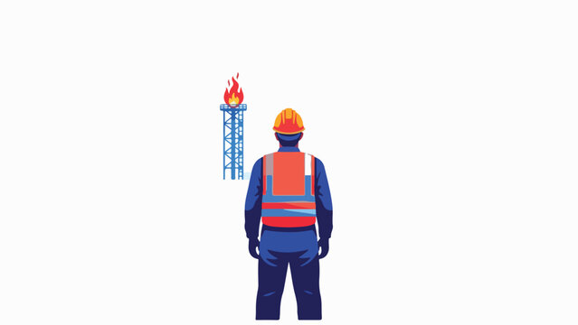 construction worker standing next to burning gas or oil well