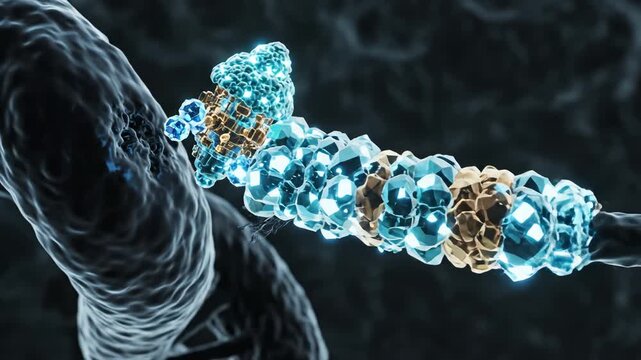 Cell interaction with nanotech particle highlighting artificial intelligence and digital evolution