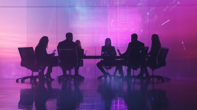Business team collaborating in a modern office meeting room, analyzing holographic futuristic big data under vibrant purple and blue lights, driving innovation and strategic growth
