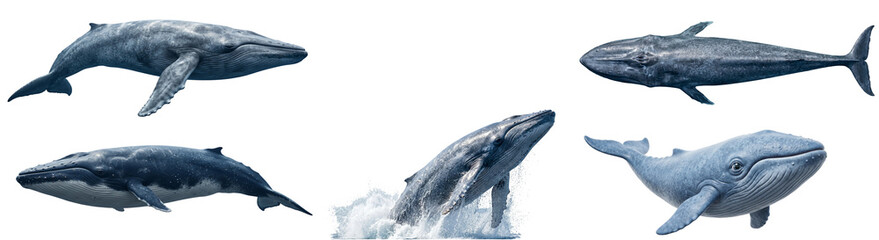 five whales in various poses on transparent background marine life ocean animals blue whale humpback animal silhouettes vector illustration wildlife © ATIQULISLAM