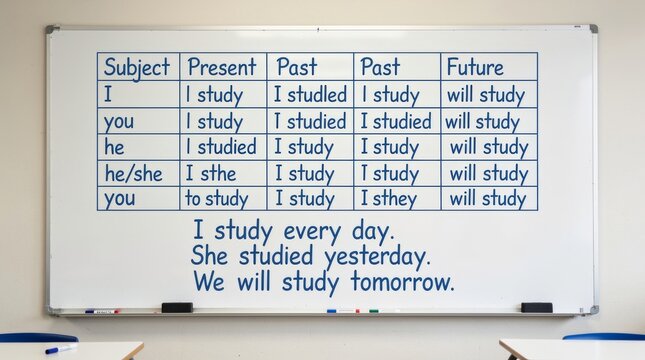 English Verb Tense Chart on a Whiteboard
