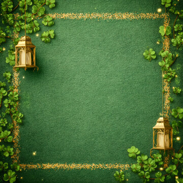 Green St Patricks Day Background With Clover Border and Lanterns