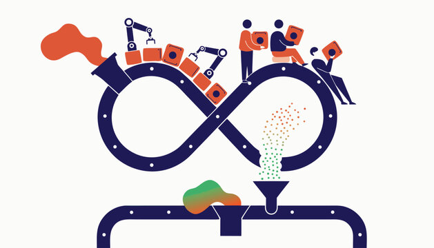 Circular economy manufacturing process with robotic arms and workers assembling products on an infinity loop conveyor belt system