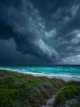 Dramatic vertical view of a massive shelf cloud storm over a turquoise ocean beach with coastal dunes and green sea grass created with Generative AI Technology, ai, generative