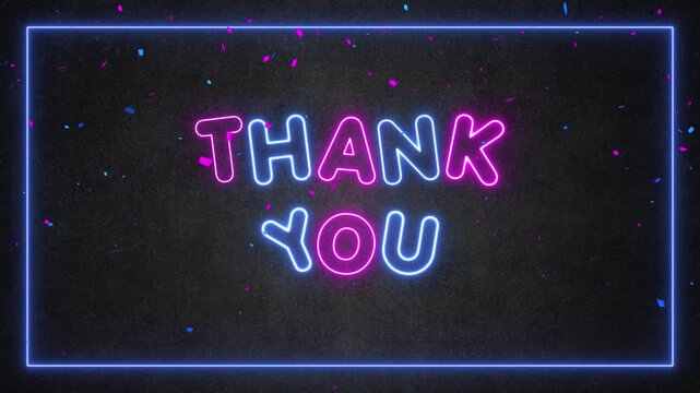 Thank you neon lights text with frame and confetti rain on blackboard animation, streaming and broadcasting social media motion design element