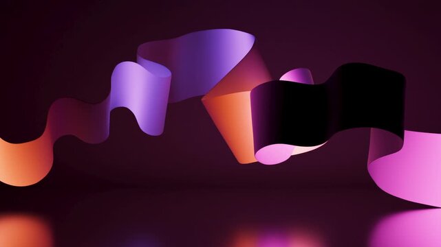 Curved neon ribbon morphs with vibrant shifting gradient, glowing in endless animated loop. 3D render motion.