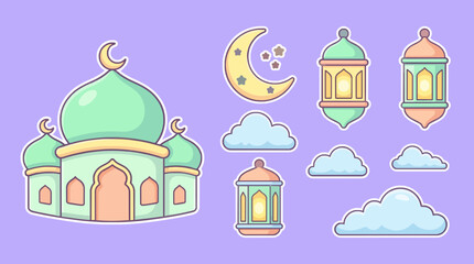 Fototapeta premium Vibrant whimsical Islamic festive elements featuring a charming mosque, glowing lanterns, a crescent moon, and fluffy clouds, perfect for holiday greetings and decorative designs