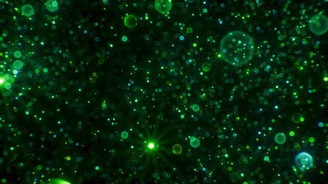 Fast flight through dense green glitter particles. Energetic camera movement through cosmic emerald dust. 3D render motion.