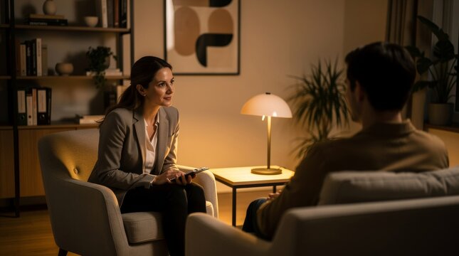 Therapist actively listens to patient during counseling session in warm room