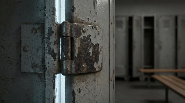 Close-up of an old, weathered door hinge in a dimly lit, abandoned locker room.