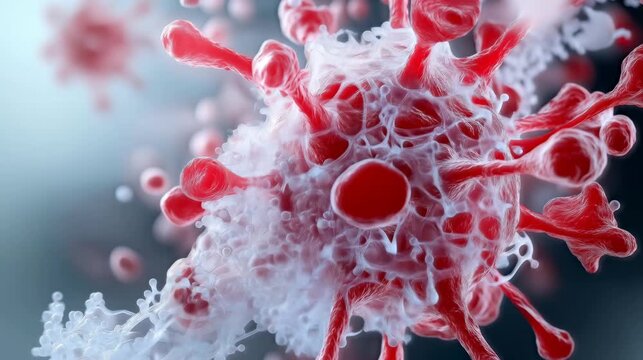 Macro view of large red virus cell mutating and releasing white substance on dark background