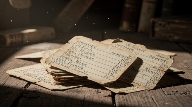 Aged Documents with Handwritten Lists on a Wooden Surface