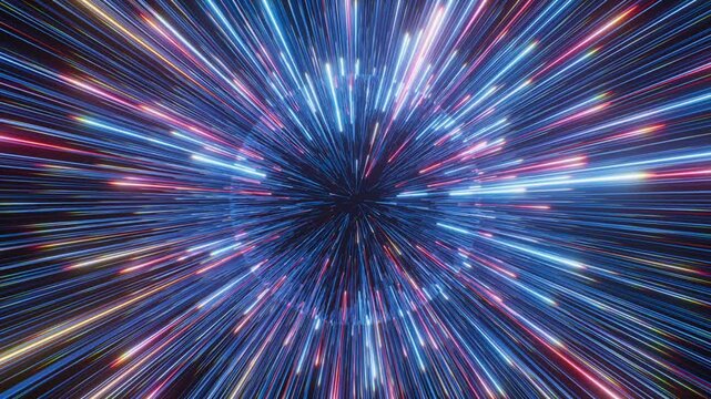Looped neon starburst video with a rotating central core emitting fast light trails. Futuristic motion background for speed, energy, and sci-fi technology concepts.