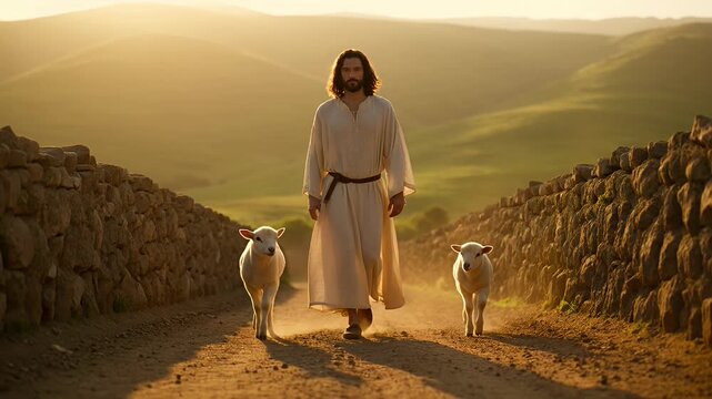 Jesus, the Good Shepherd, Guiding His Innocent Lambs on a Spiritual Desert Path
