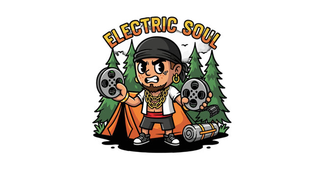 Cute cartoon character holding boombox in forest scene.