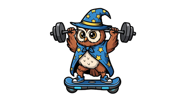 Whimsical Owl Skateboarding and Lifting Weights Together.