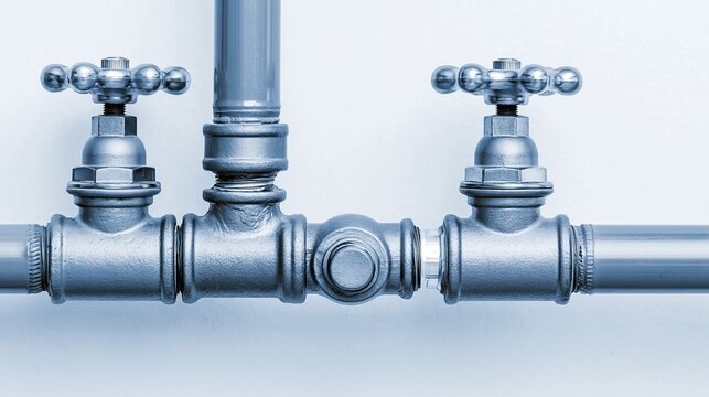 Close view of three silver metal water gate valves connected to steel pipe on light white background, showing plumbing hardware and industrial design concept