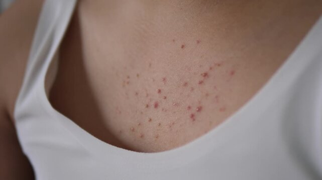 Cinematic close-up of inflammatory acne, papules, and pustules on a young woman's chest, dermatology concept
