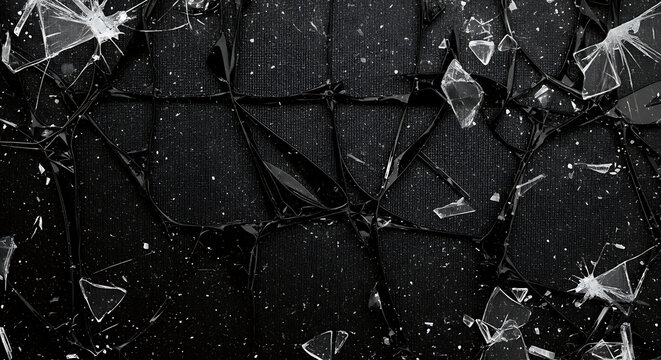 Abstract dark gray background featuring smashed glass texture with cracked black plastic sheet elements, gritty dust overlay, and heavy scratches for vintage cinematic grunge aesthetic.