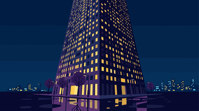 A captivating flat design illustration of a tall office building standing illuminated against the deep hues of the night sky, its glowing windows suggesting ongoing activity. 