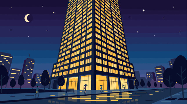 A captivating flat design illustration of a tall office building standing illuminated against the deep hues of the night sky, its glowing windows suggesting ongoing activity. 