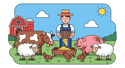 Farmer Feeding Farm Animals - Cow, Pig, Sheep, Chickens - Rural Life © Senja