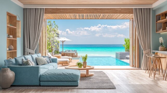 Interior living space opens directly onto an infinity edge pool overlooking turquoise ocean water