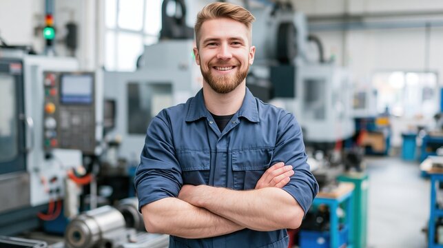 Smiling young male industry worker with crossed arms standing in modern factory workshop, representing manufacturing industry and professional labor concept