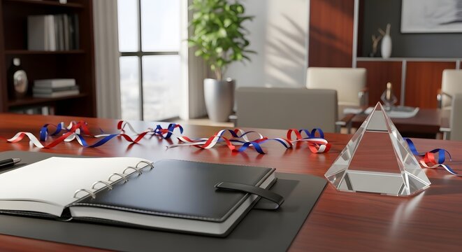 Independent day office celebration patriotic ribbons award trophy and workspace setup
