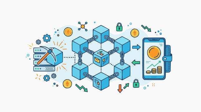An illustration of a decentralized network of cubes representing blockchain technology, with elements like mining, cryptocurrency, and mobile transactions. Isolated on white background