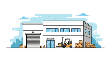 Fototapeta premium Modern Warehouse Building with Forklift and Boxes, Industrial Logistics Illustration