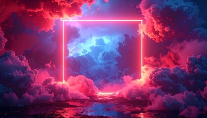 Fototapeta premium A vibrant neon square glows amidst billowing clouds in shades of pink, red, and blue, reflecting on a dark, wet surface