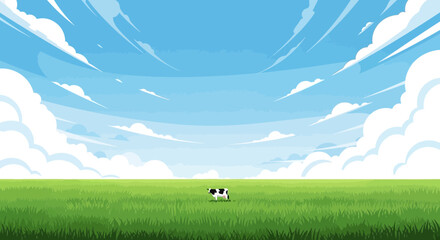 Fototapeta premium Cartoon cow grazing in vast green meadow under bright blue sky with fluffy clouds