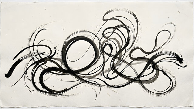 Abstract black ink brush swirls on textured off-white background