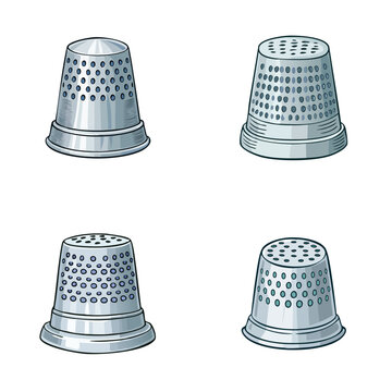 Set of metal thimbles with textured patterns and perforated tops for sewing protection