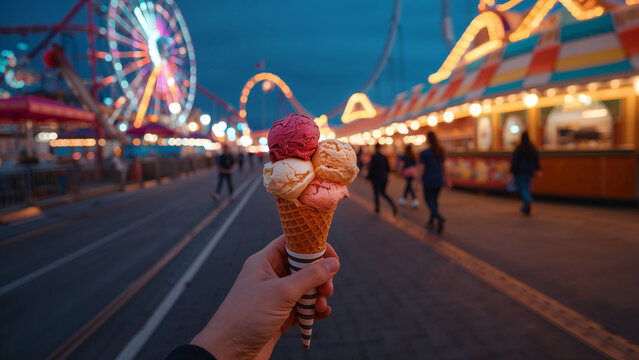 First person view of eating ice cream at neon fairground amusement park