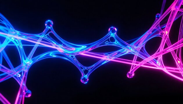 Glowing neon grid mesh dissolving into fluid, electric blue and hot pink, high-contrast dark void background