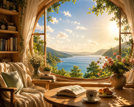 Fantasy View from a European-Style Window with Mountains, Lake and Blooming Flowers