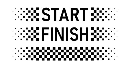 Plakat Race checker flag. Start and finish car racing stripes. Inscription Start, Finish on checkerboard background. Rally design element. F1 formula sign. Vector illustration isolated on white background.