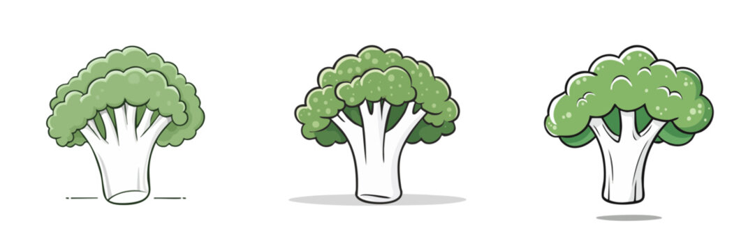 Set of three cartoon broccoli florets with stems