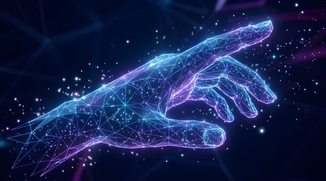 Futuristic glowing low polygonal giving human hand made of lines, stars, light particles.