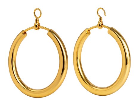 Two shining, gold-colored hoop earrings presented on a pure white backdrop, showing intricate details, including the round shapes and ear hooks