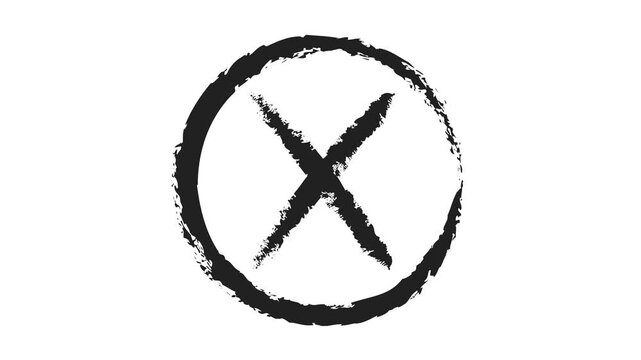 Black brush stroke cross inside a rough circle on white background mark symbol