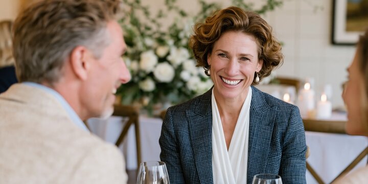 A classy social gathering with people engaging in pleasant conversation, showcasing elegance, sophistication, and the enjoyable atmosphere of a fine dining experience.