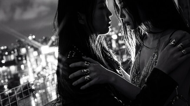 Two women share an intimate embrace against a star-shaped city bokeh background. Striking rim lighting silhouettes their profiles, conveying a powerful feeling of romance and longing.