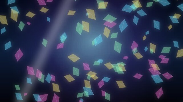 Colorful geometric shapes falling on a dark blue background