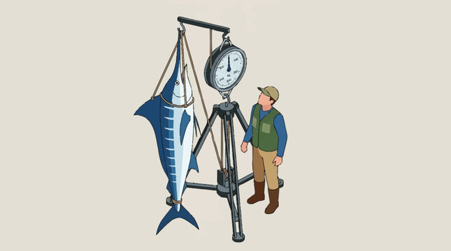 Man weighing a large blue marlin fish.