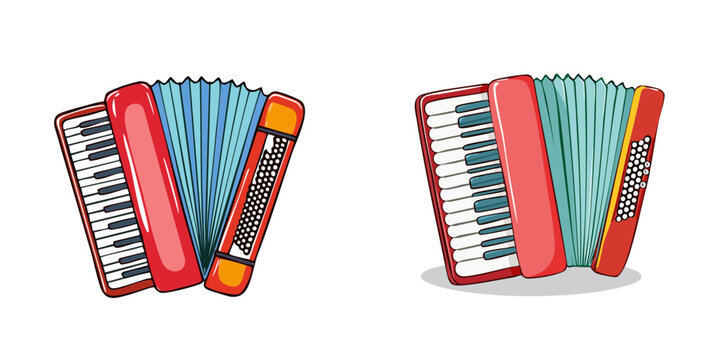 Set of two cartoon accordions with red bodies and blue bellows, isolated on white