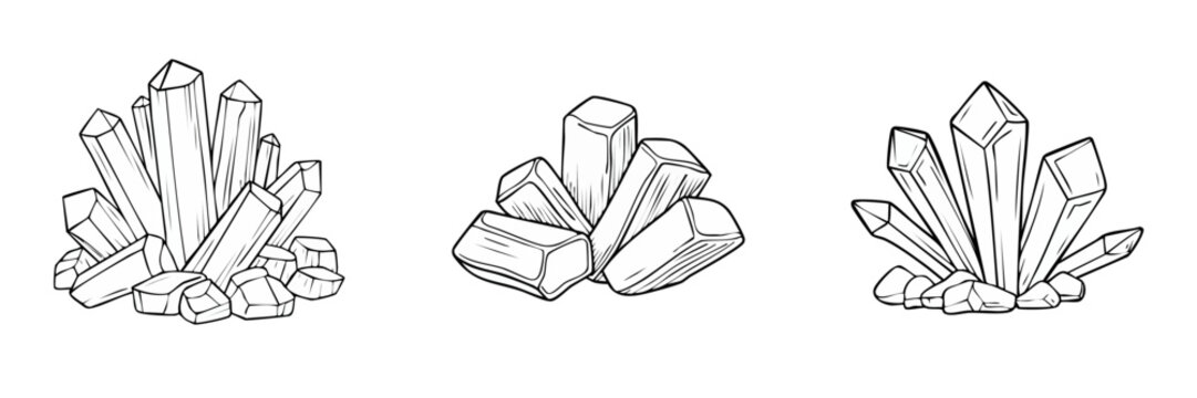 Set of three hand drawn crystal clusters in different arrangements